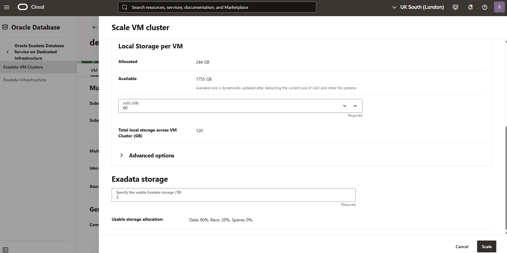 This screenshot shows the third step to scale an Exadata VM Cluster.
