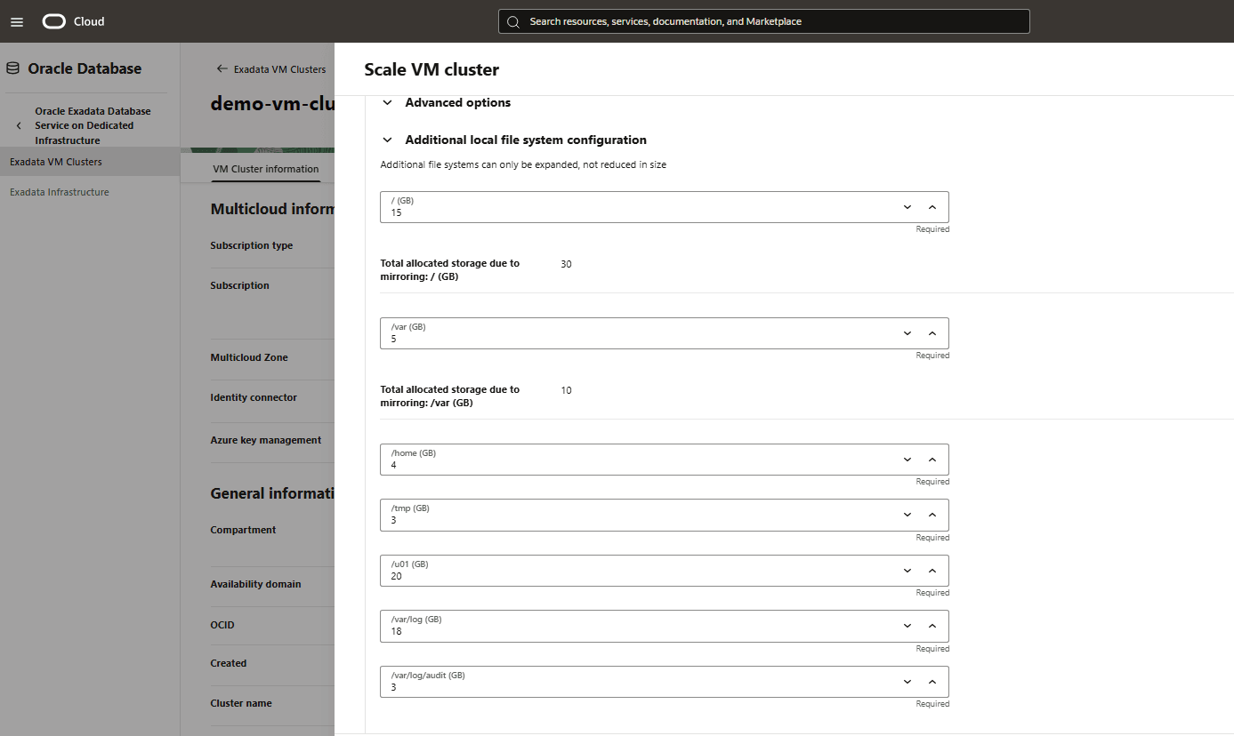 This screenshot shows the last step to scale an Exadata VM Cluster.
