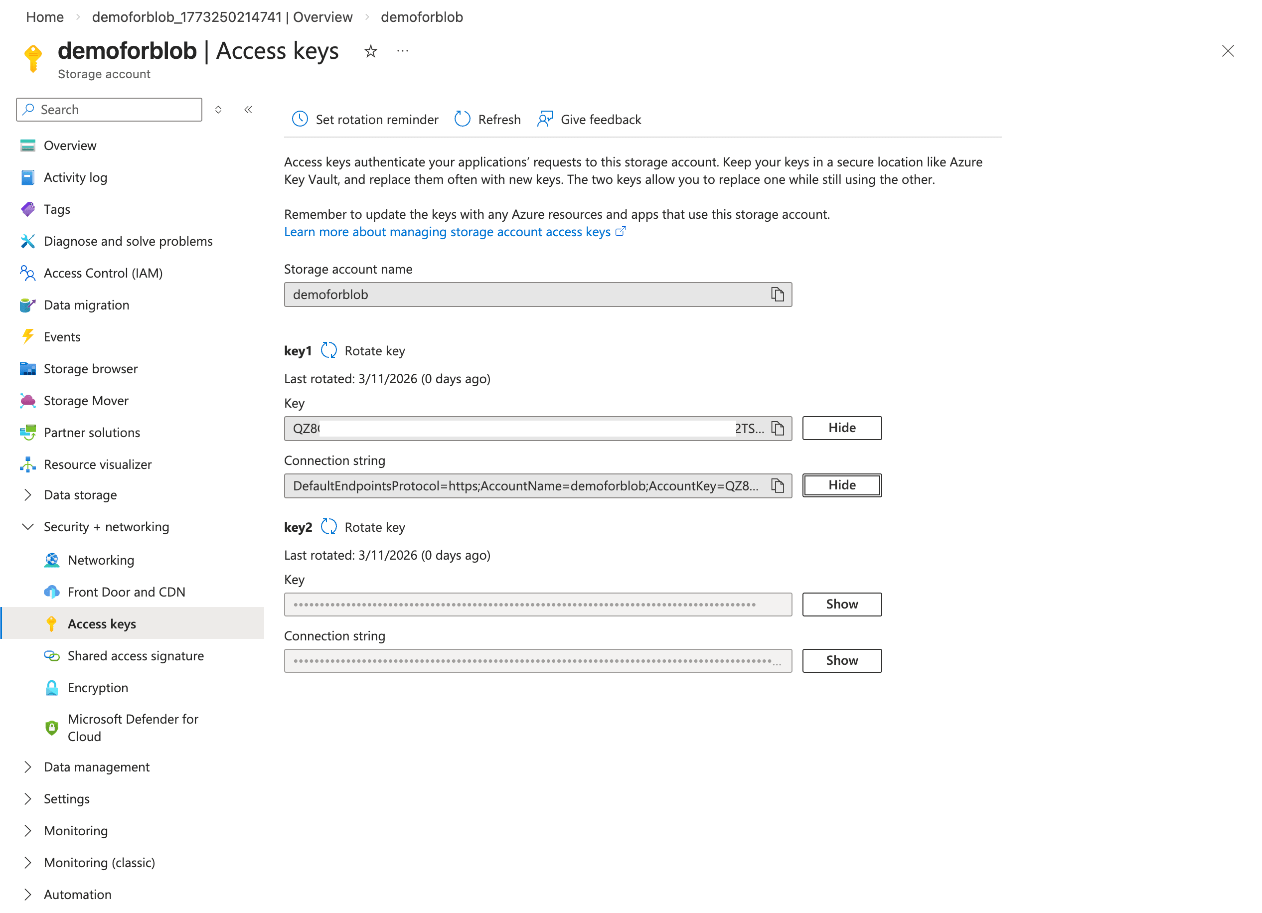 The screenshot shows how to copy the access key of your storage account.