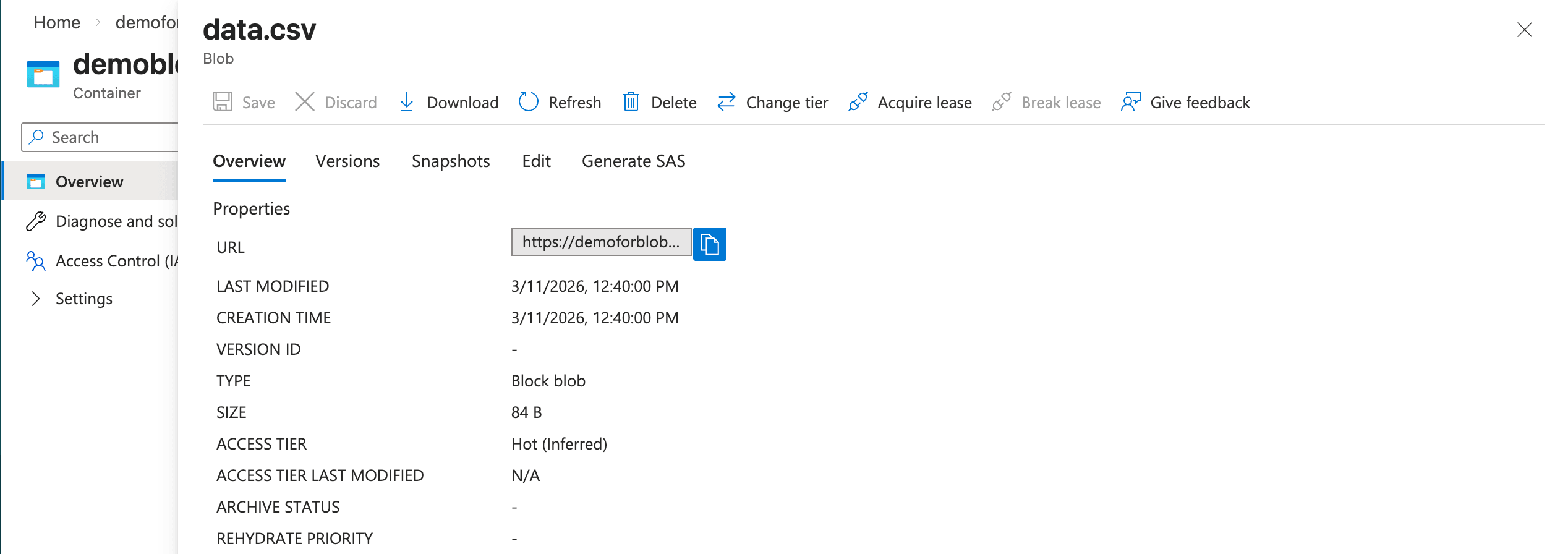 The screenshot shows how to obtain your Azure Blob Storage URL.
