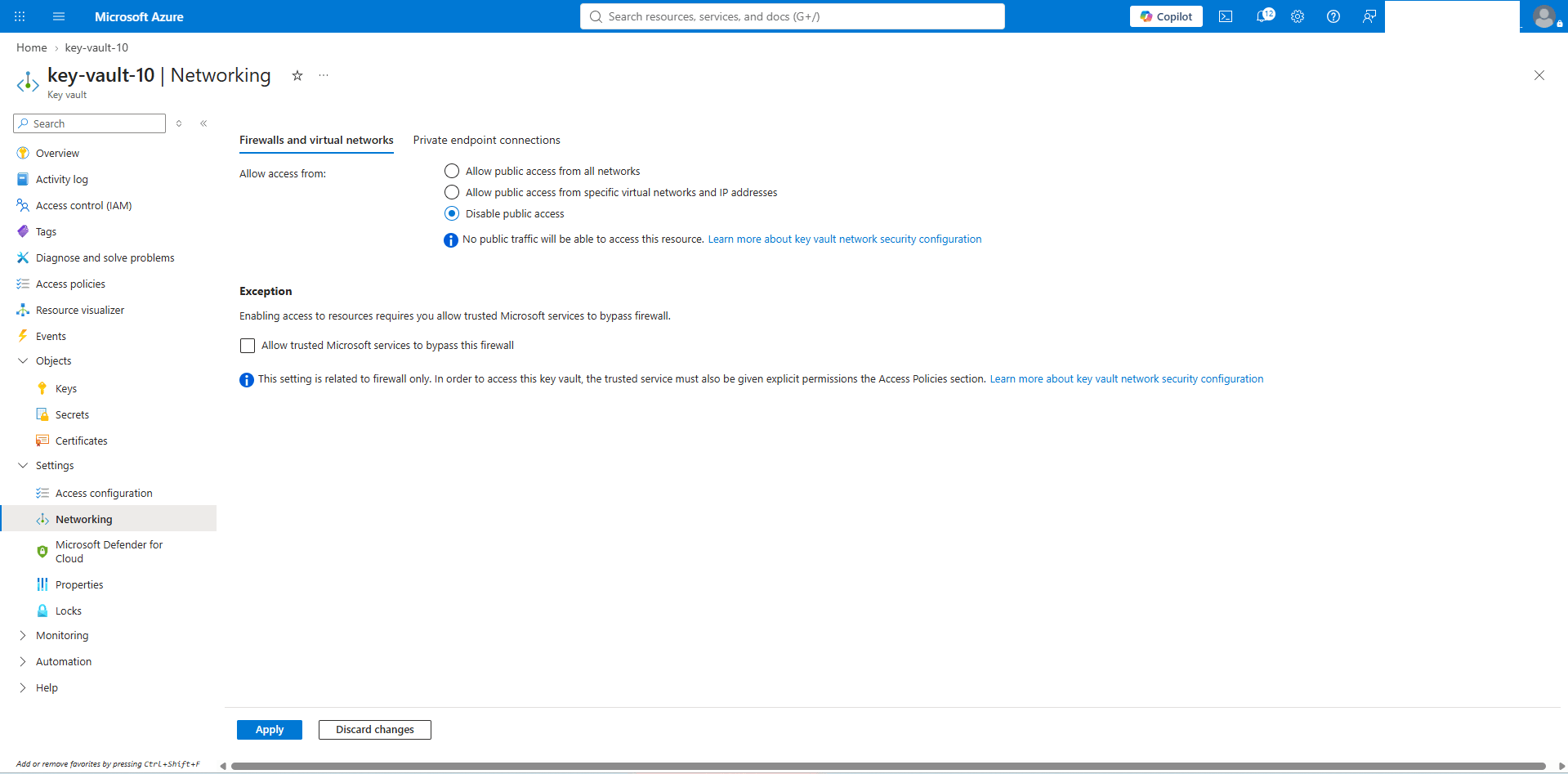 This screenshot shows how to disable public access.