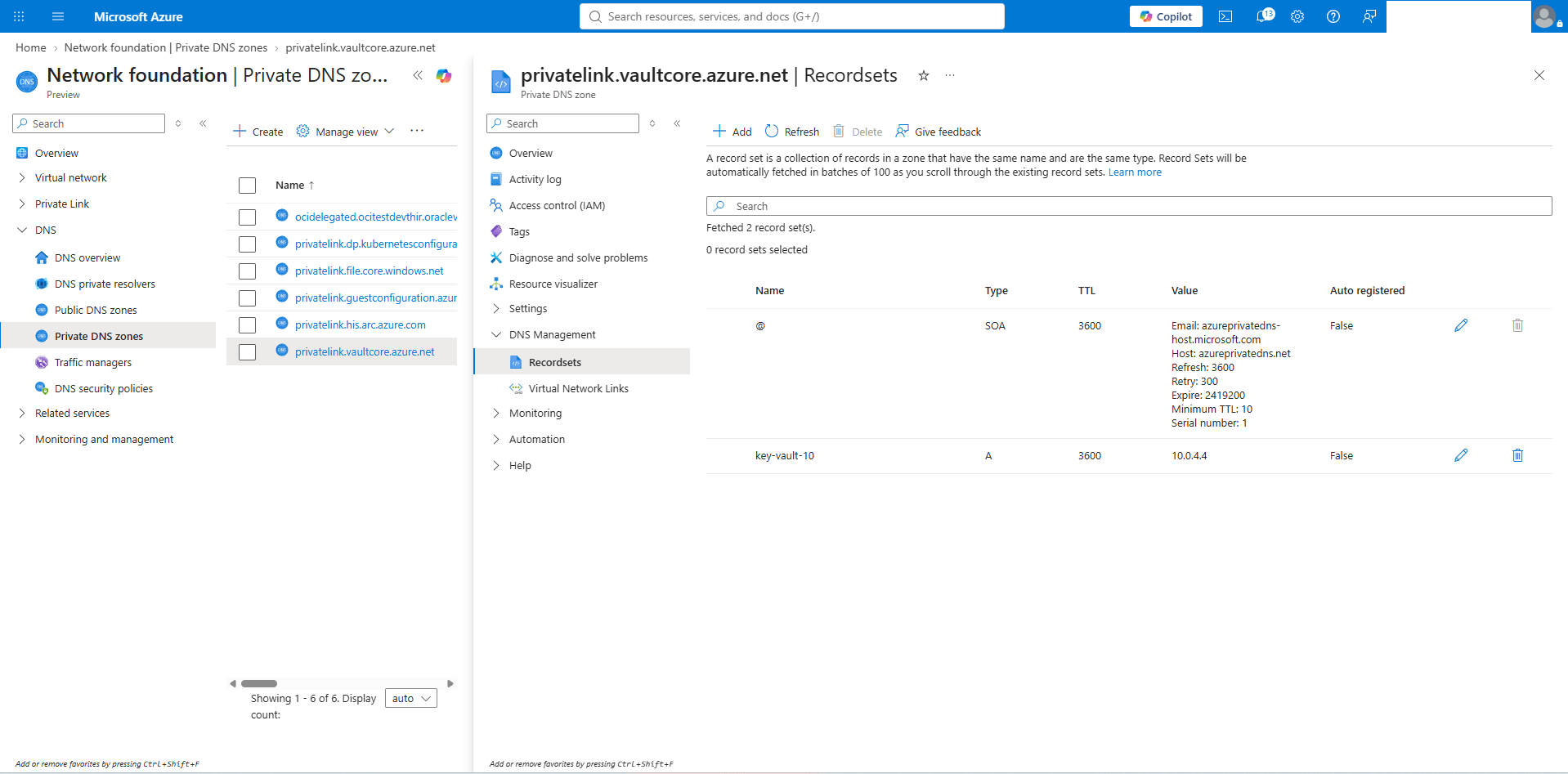 This screenshot shows how to obtain AKV DNS zones information. This screenshot shows how to obtain AKV DNS zones information.
