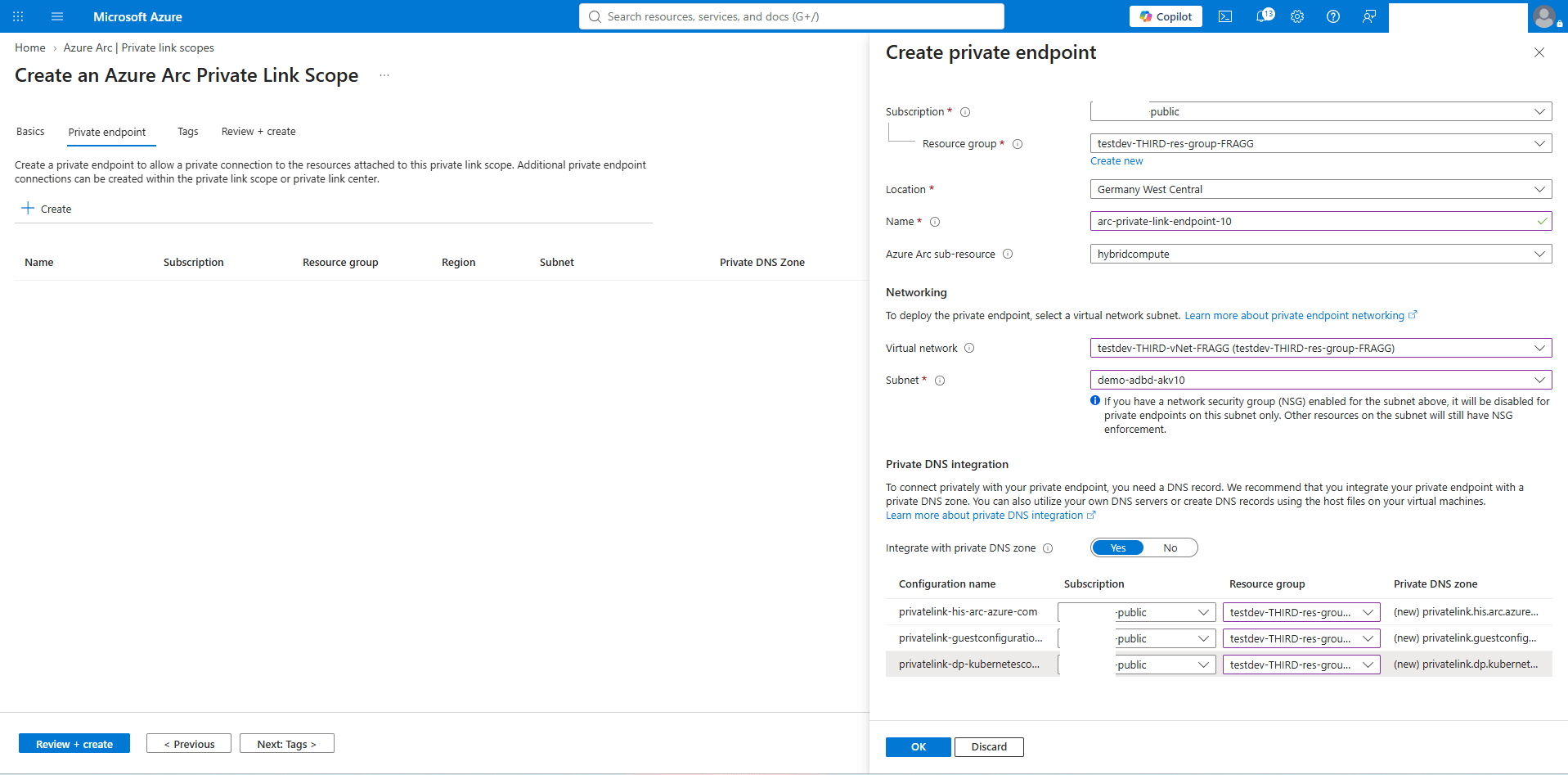 This screenshot shows how to create an Azure ARC Private Link scope. This screenshot shows how to create an Azure ARC Private Link scope.
