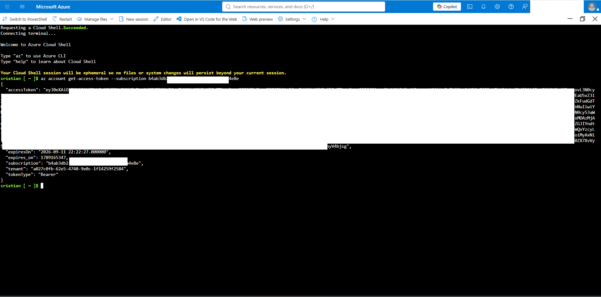 This screenshot shows how to generate an access token for your Azure account. This screenshot shows how to generate an access token for your Azure account.