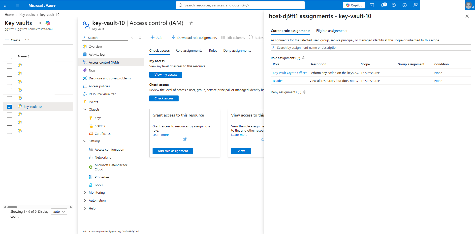 This screenshot shows how to validate the Azure Key Vault permissions. This screenshot shows how to validate the Azure Key Vault permissions.