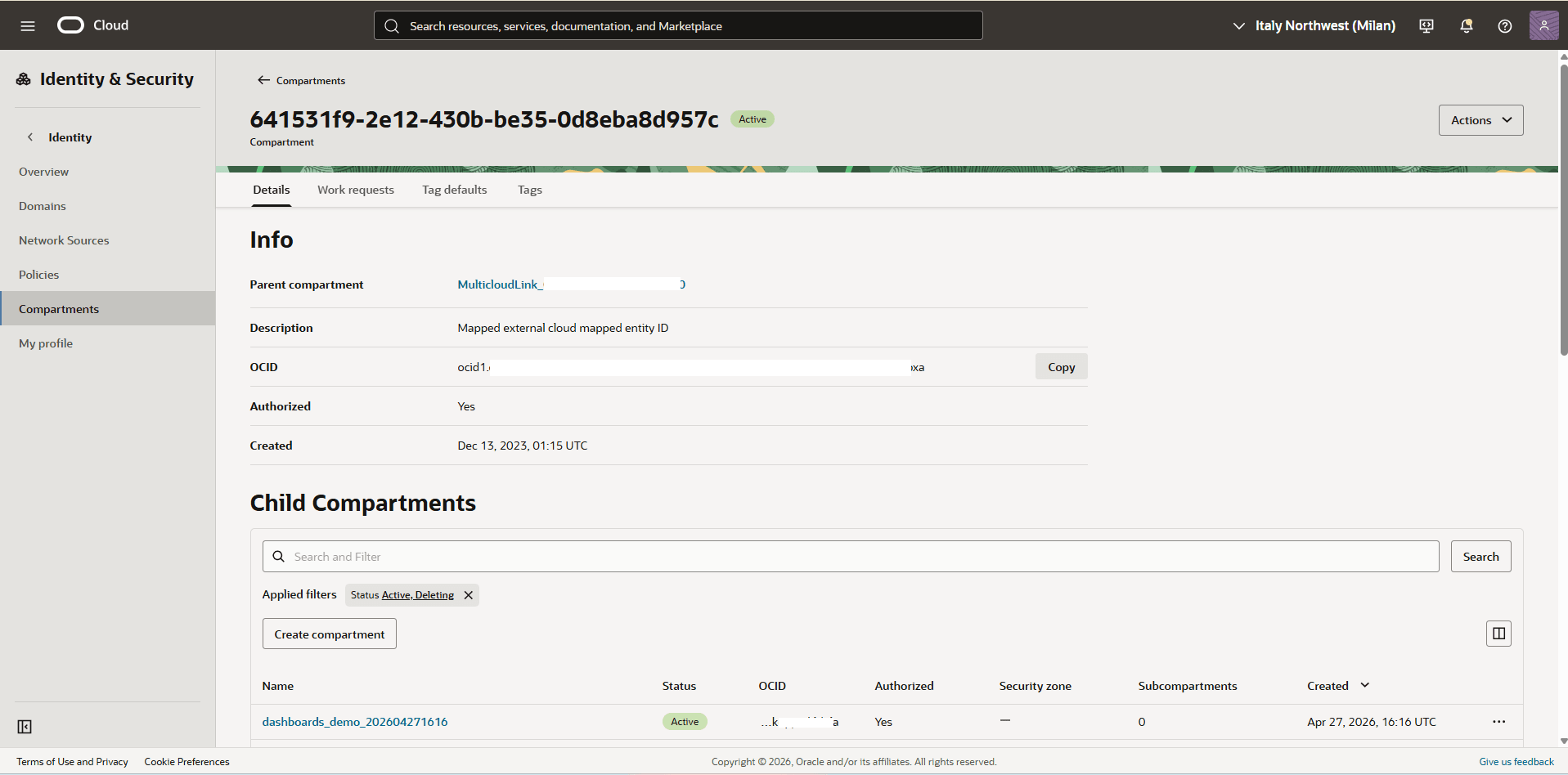 This screenshot shows how to obtain your OCID information.