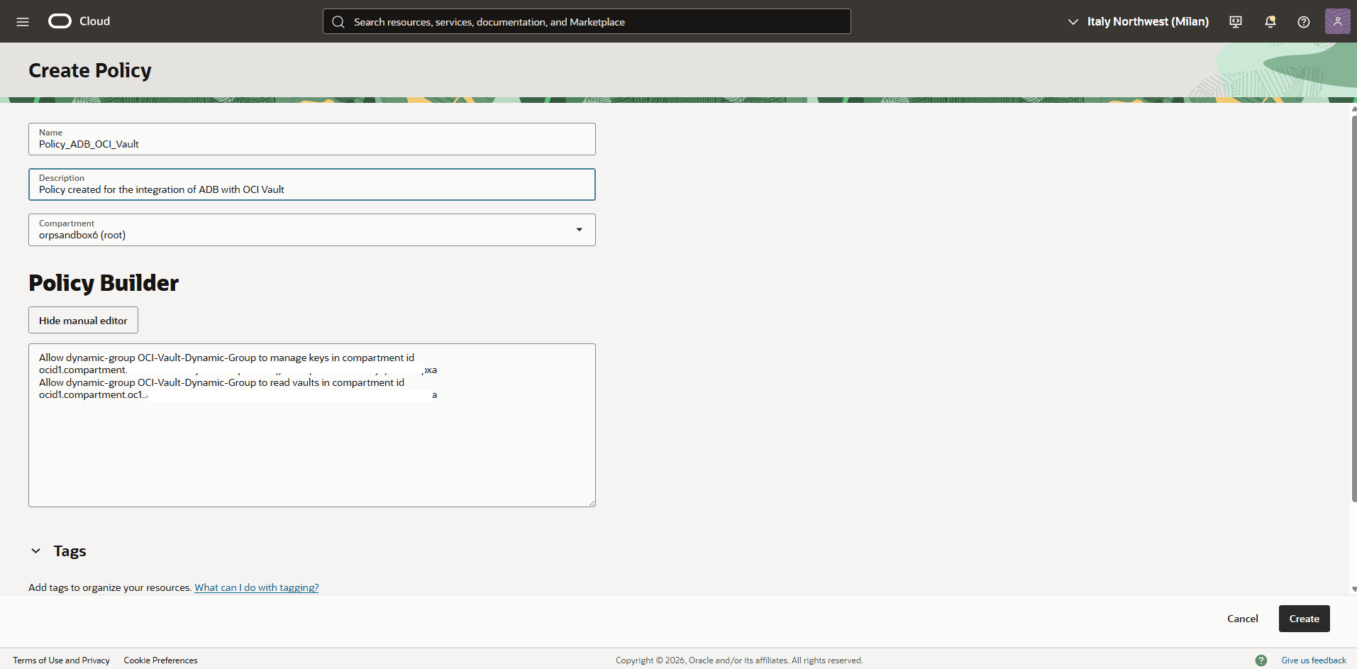 This screenshot shows how to create a policy.