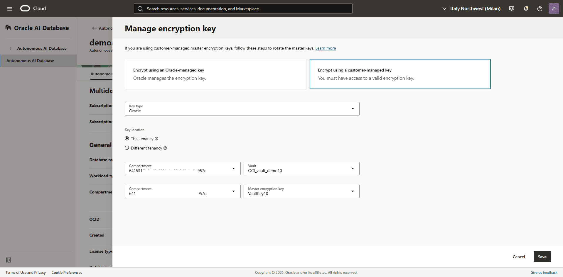 This screenshot shows how to change key management.