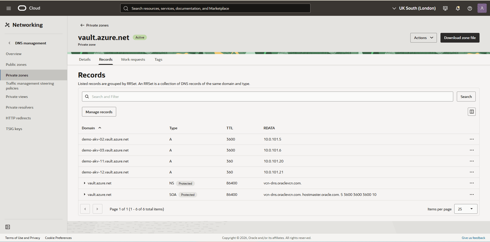 This screenshot shows how to create private zone.