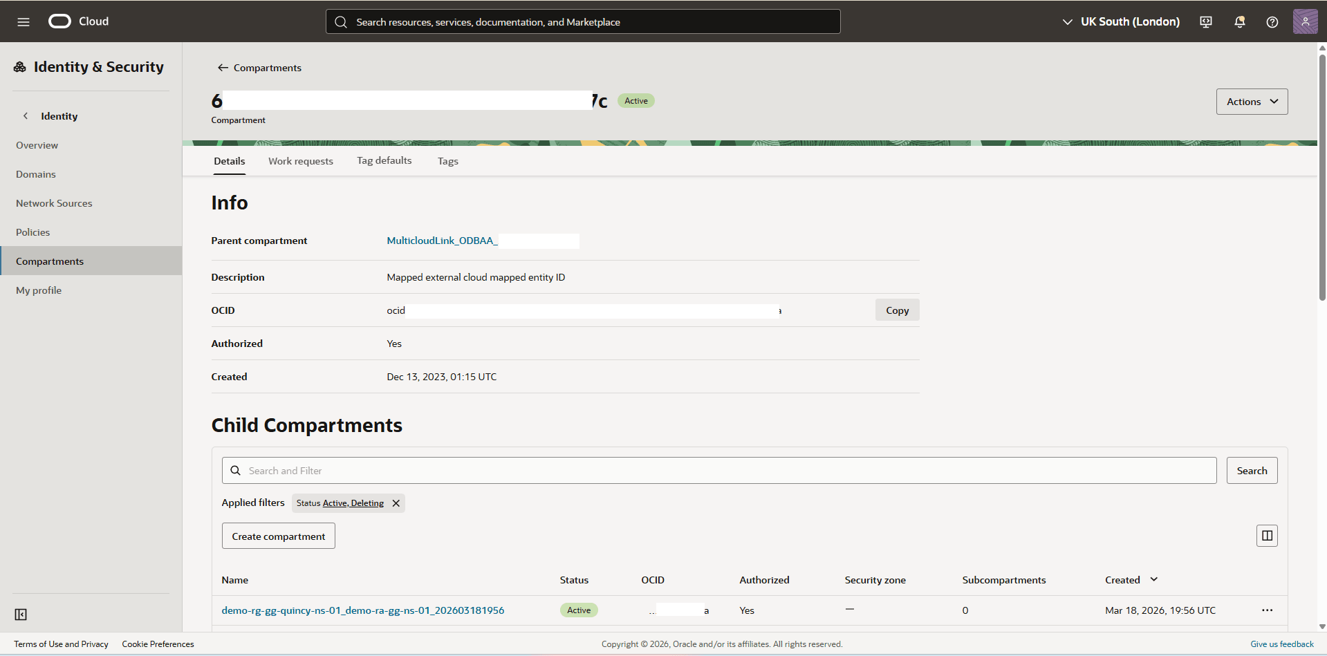 This screenshot shows how to obtain the compartment OCID information.