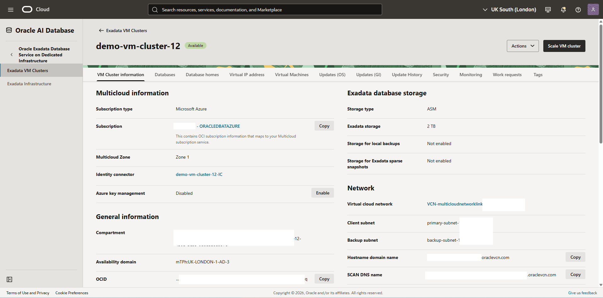 This screenshot shows how to obtain Exadata VM Cluster compartment information.