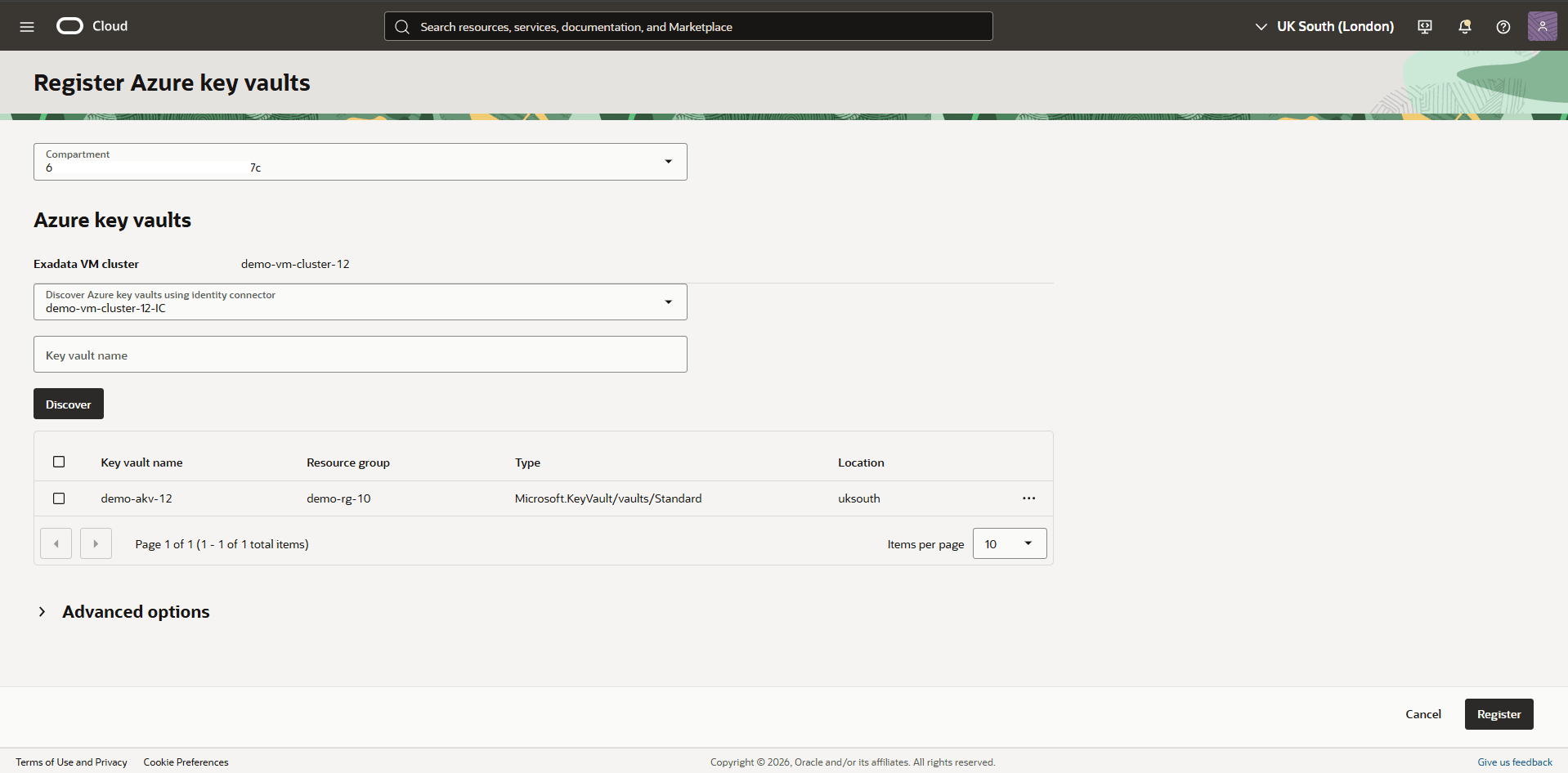 This screenshot shows how to register Azure Key Vault.