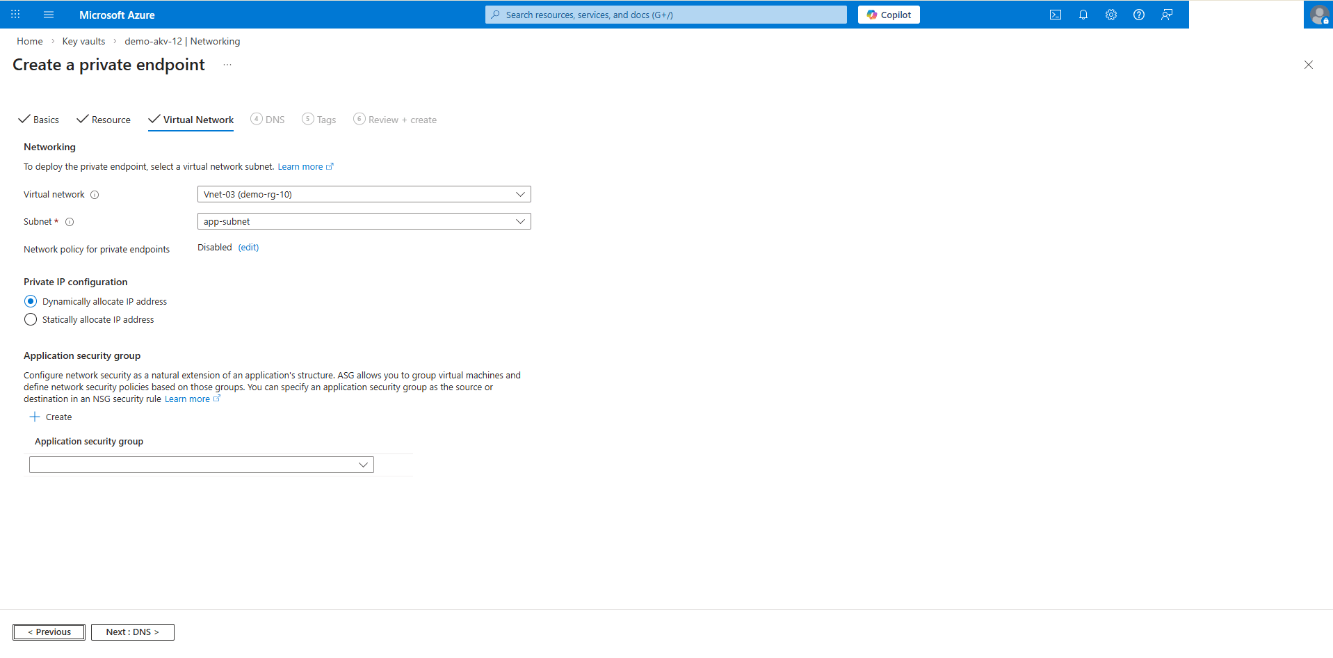 This screenshot shows how to configure private endpoint.