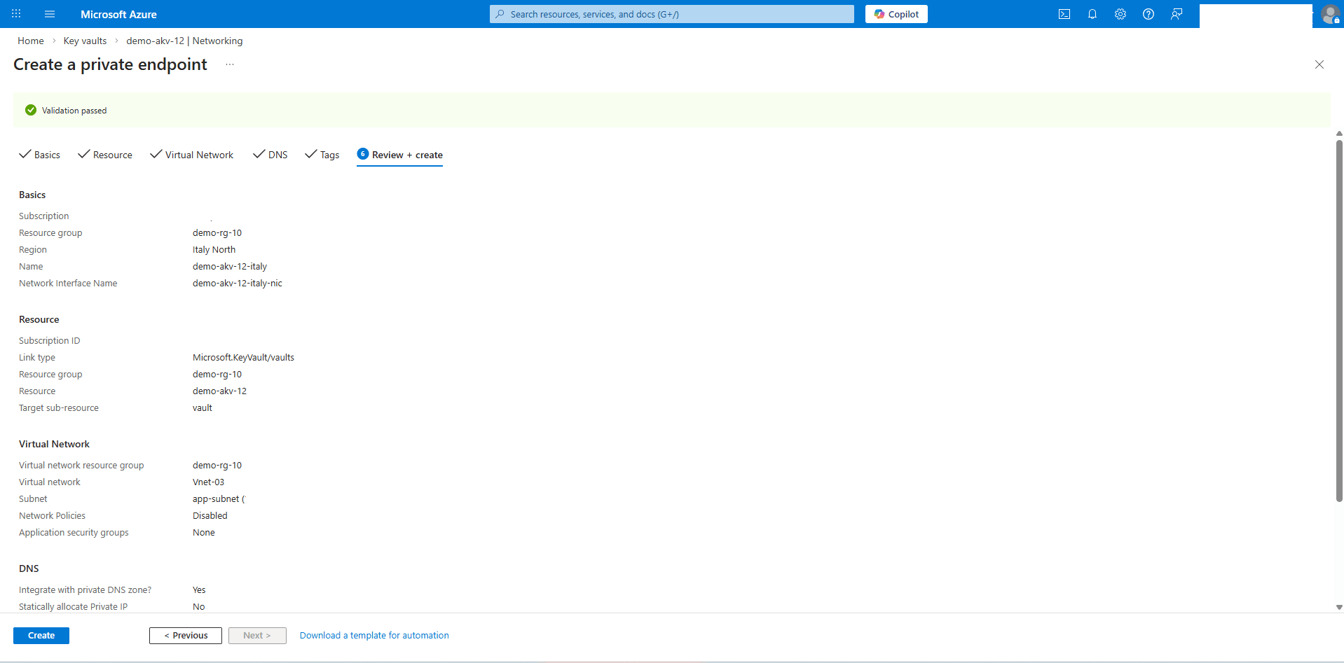 This screenshot shows how to configure private endpoint.