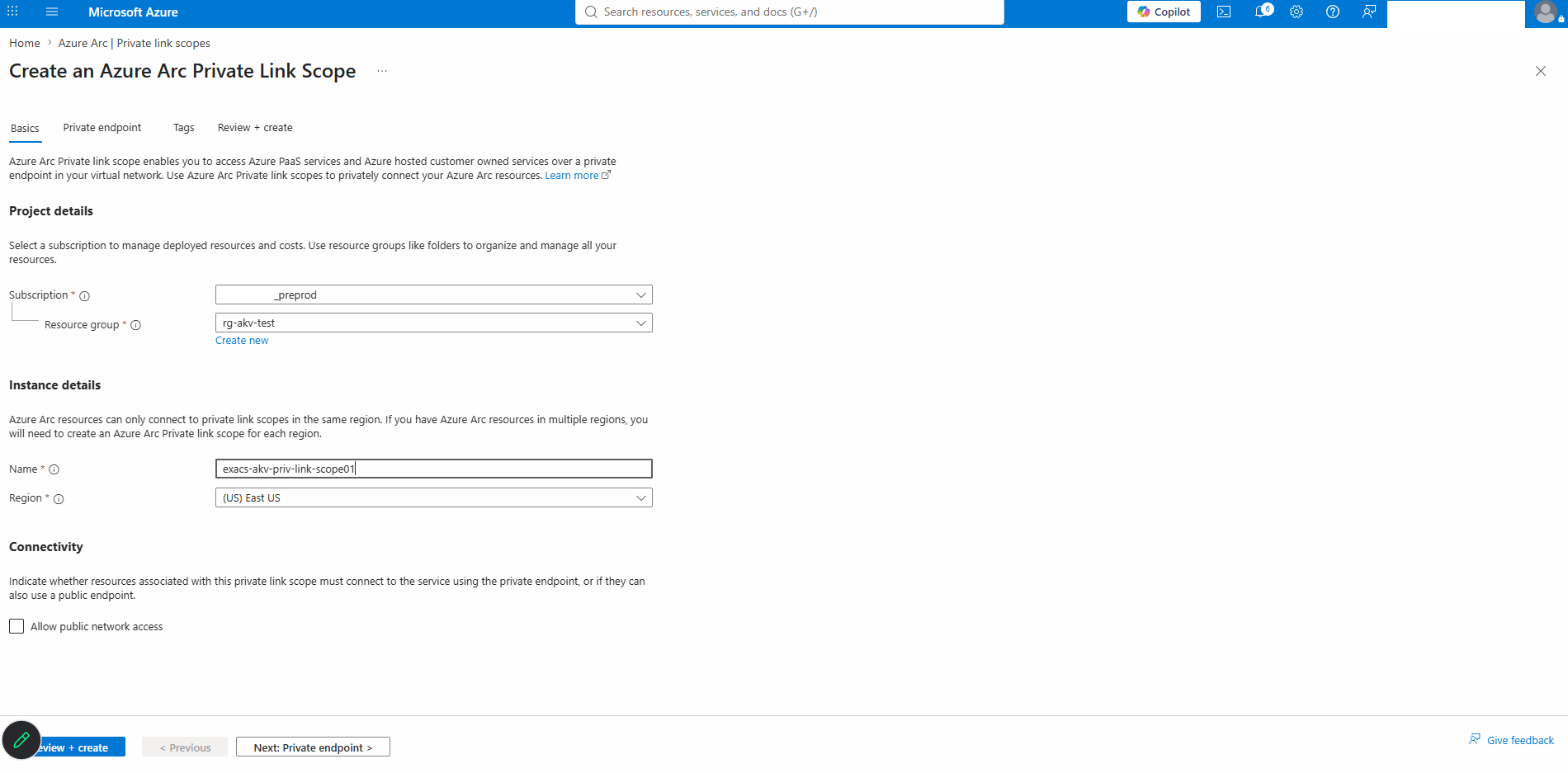 This screenshot shows how to create Azure Arc Private Link Scopes.