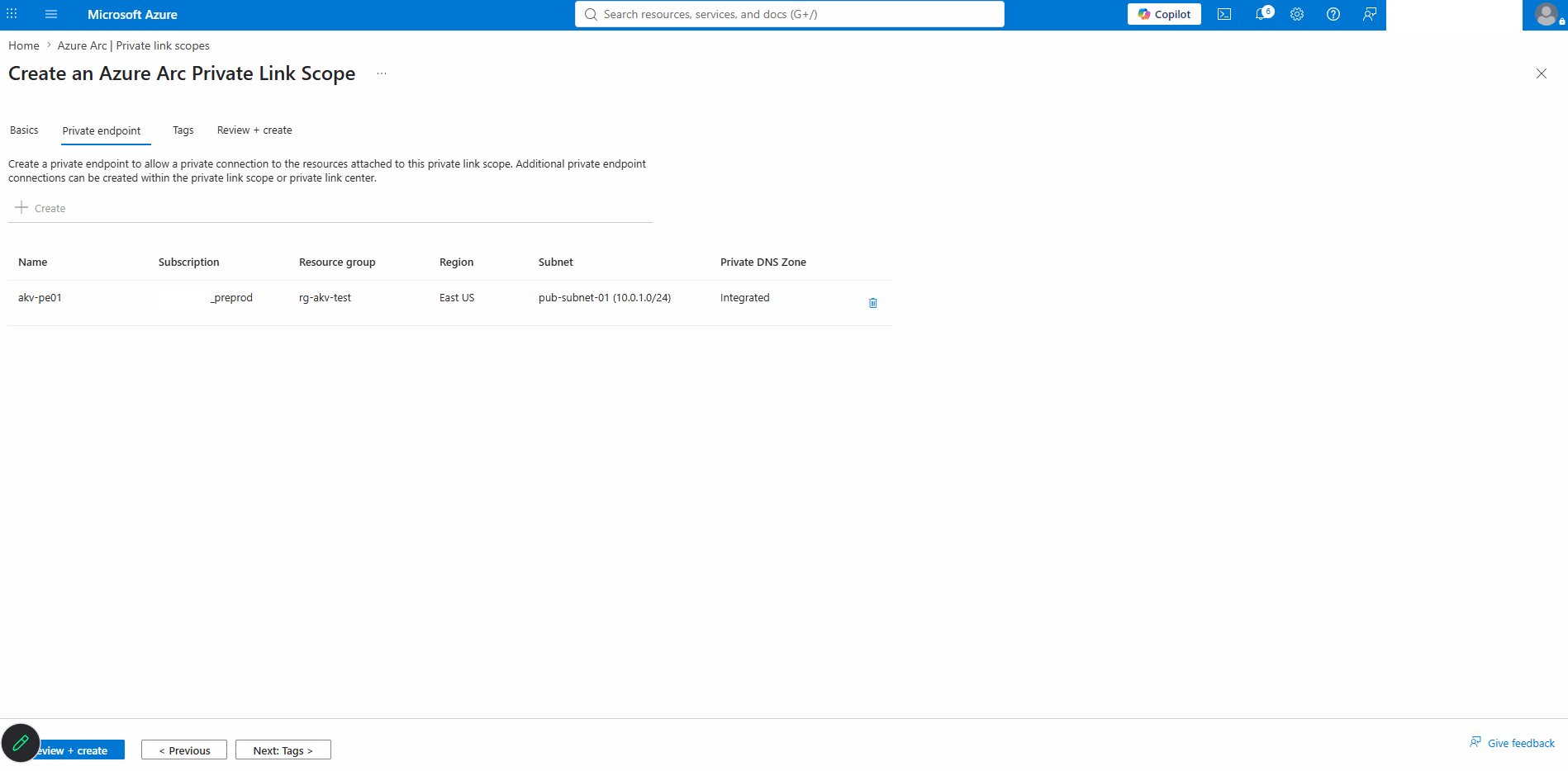This screenshot shows how to create Azure Arc Private Link Scopes.