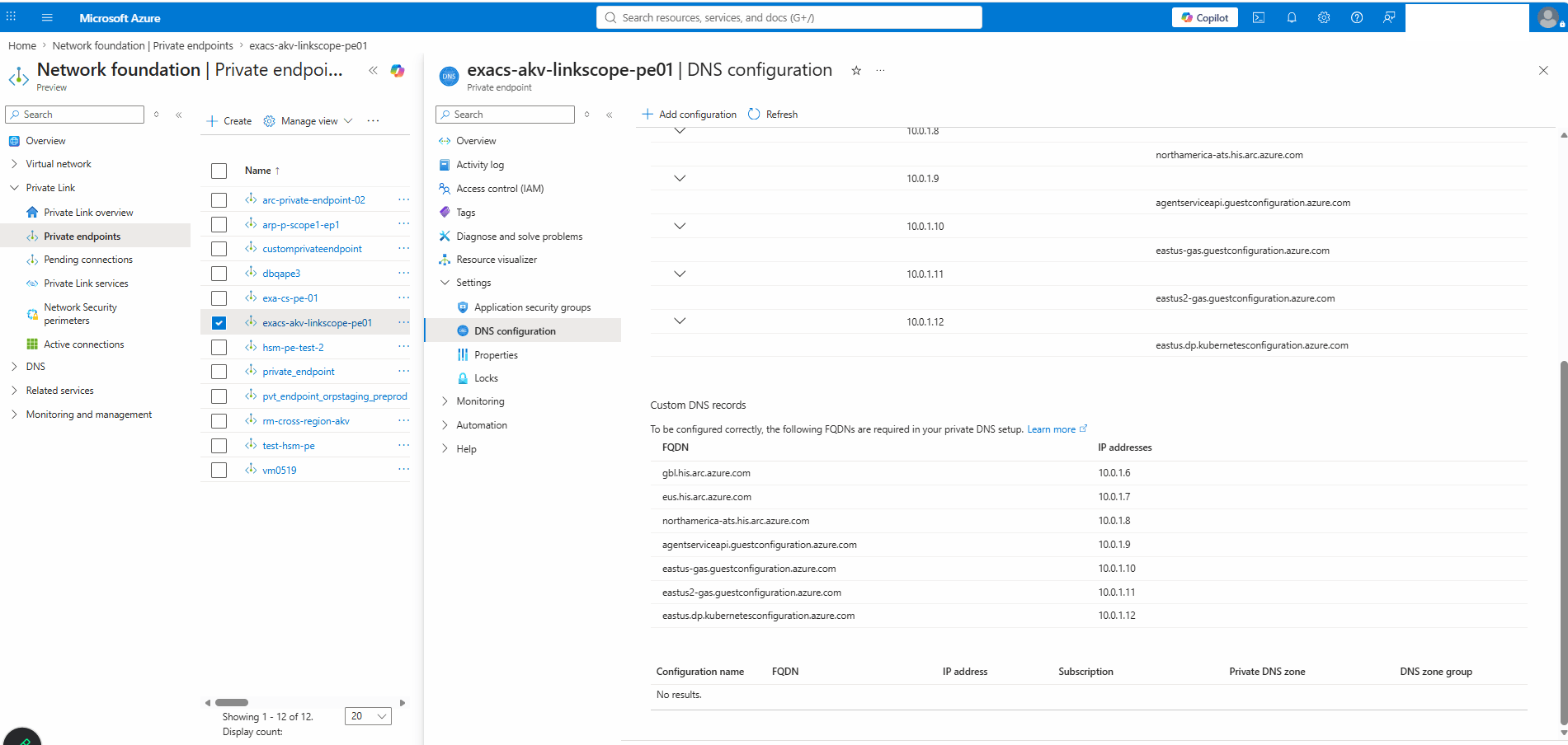 This screenshot shows how to obtain Azure Arc Private Link DNS Zones information.