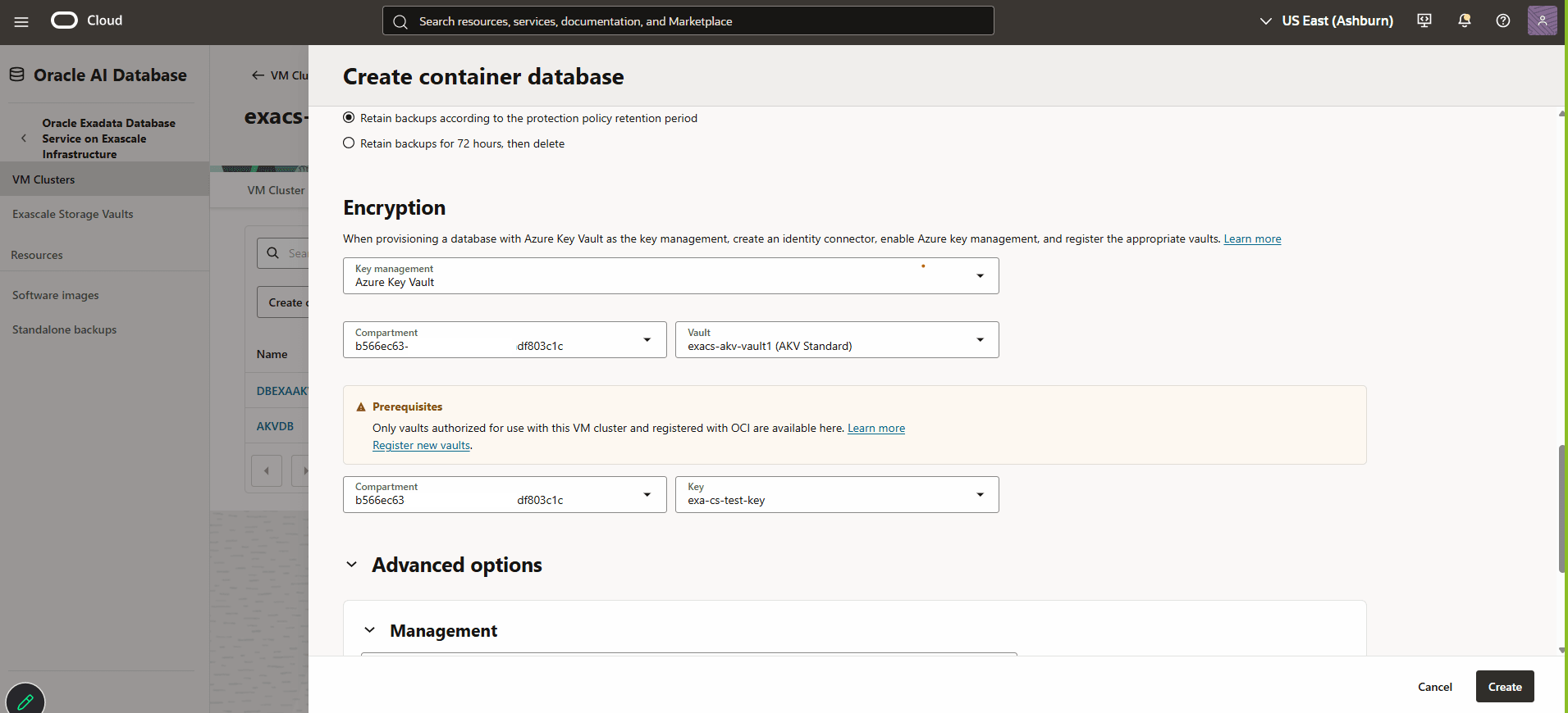 This screenshot shows how to create a container database and use Azure customer-managed key (CMK) as the key management solution.
