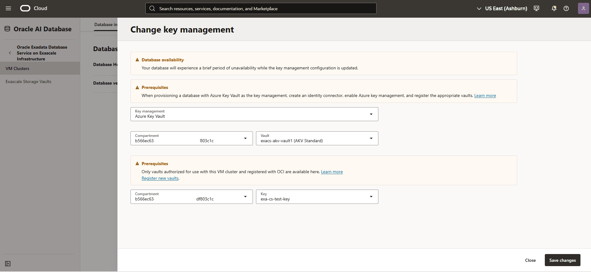 This screenshot shows how to change the key management.