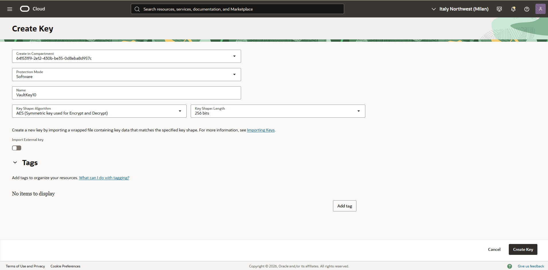 This screenshot shows how to create a key.