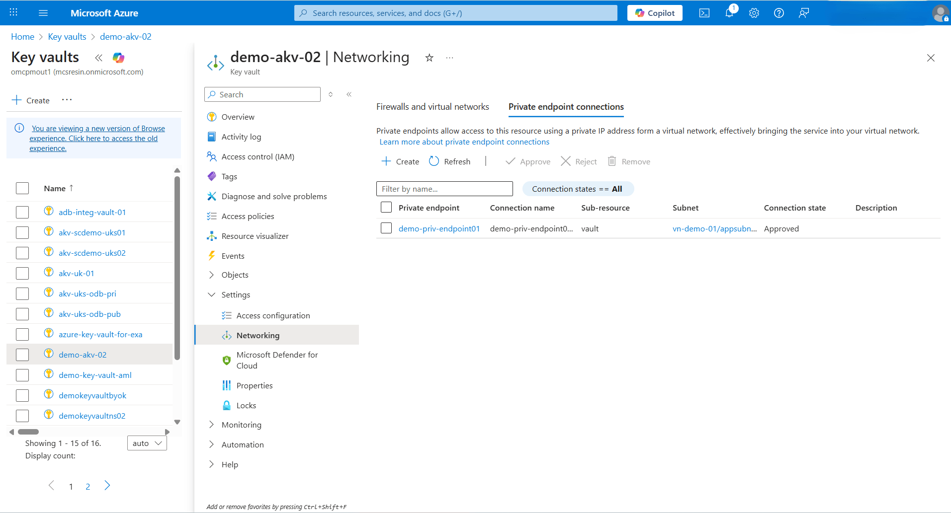 This screenshot shows how to access private endpoint connections.