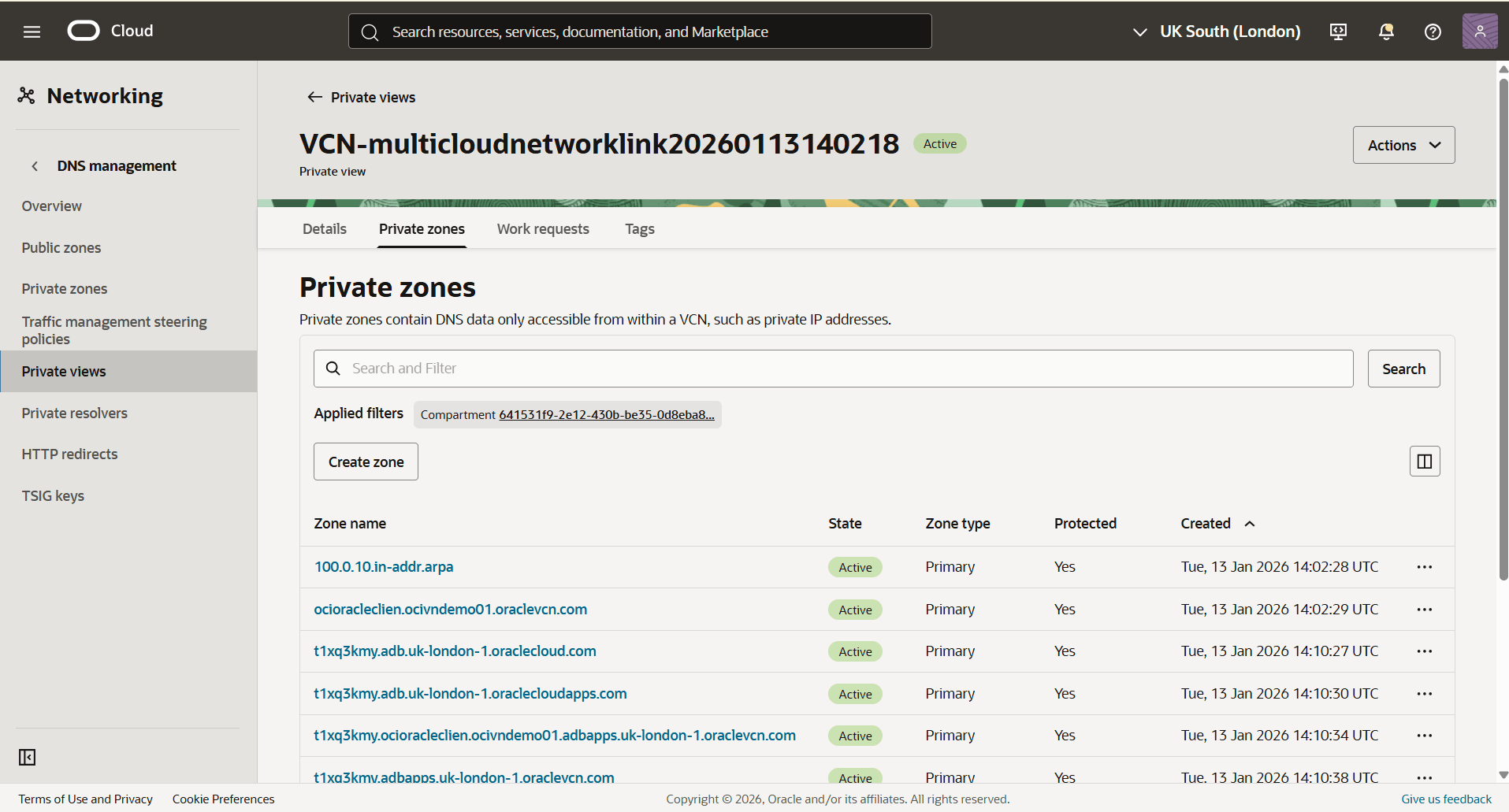 This screenshot shows how to create private zone.