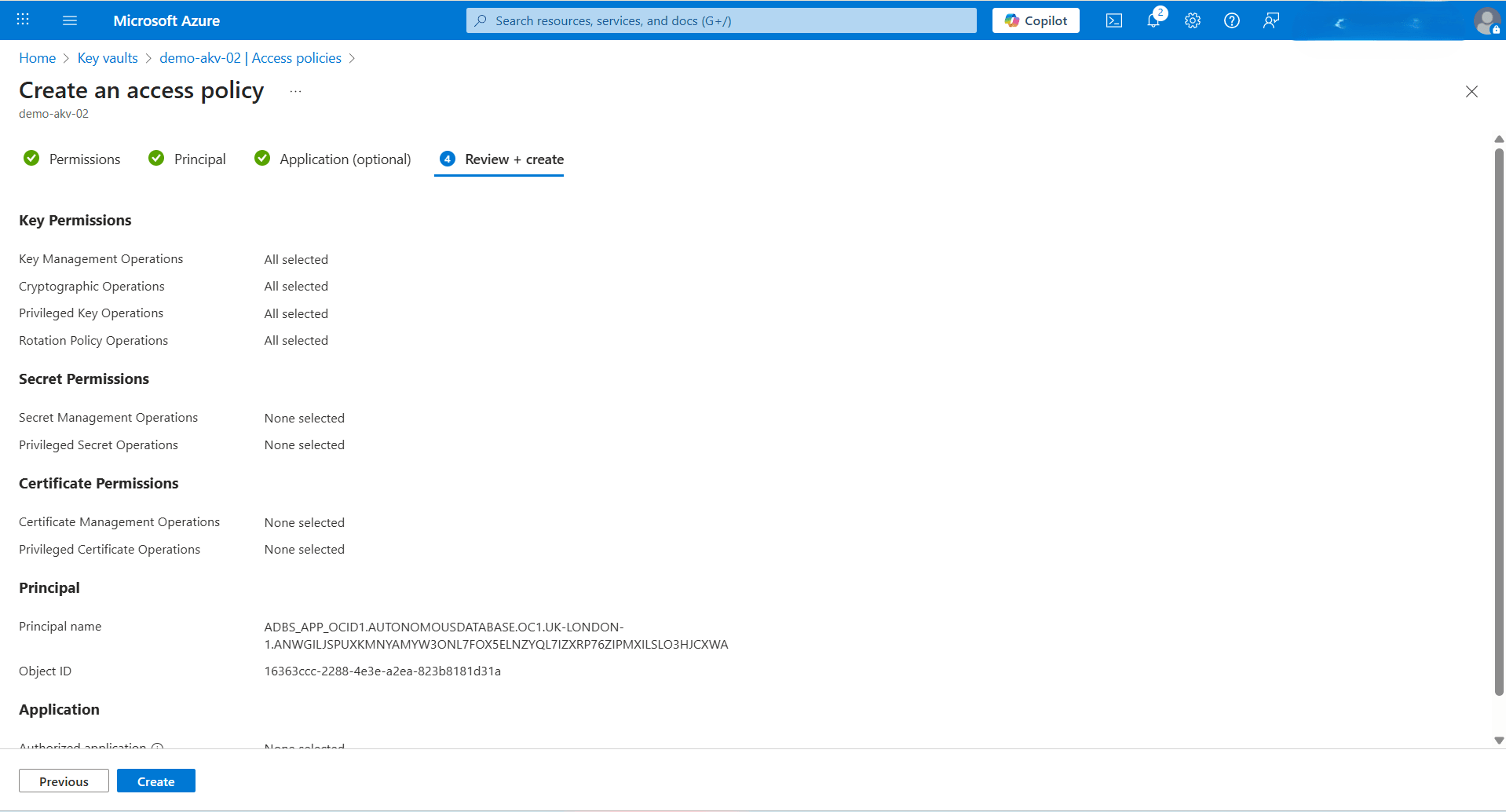 This screenshot shows how to create an access policy.