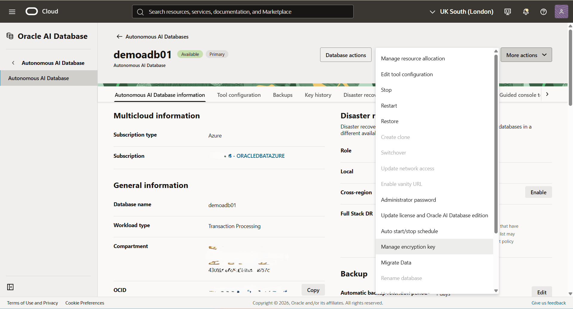 This screenshot shows how to view Encryption key details.