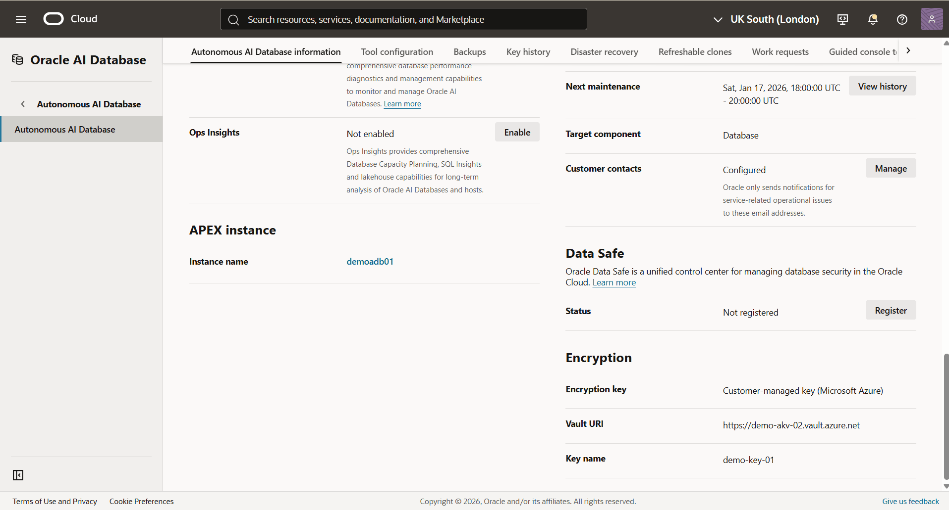 This screenshot shows how to view Encryption key details.