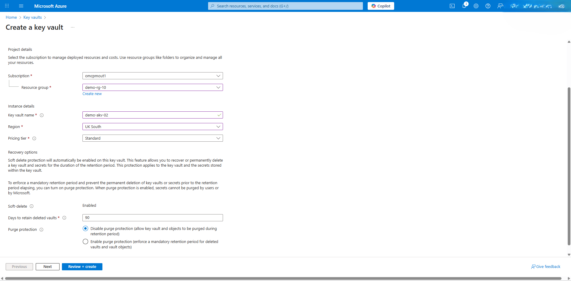 This screenshot shows how to create a key vault.