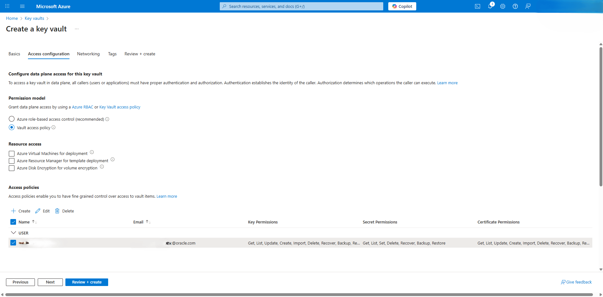 This screenshot shows how to create a key vault.