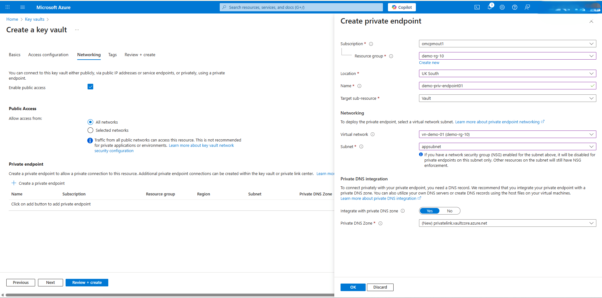 This screenshot shows how to create a key vault.