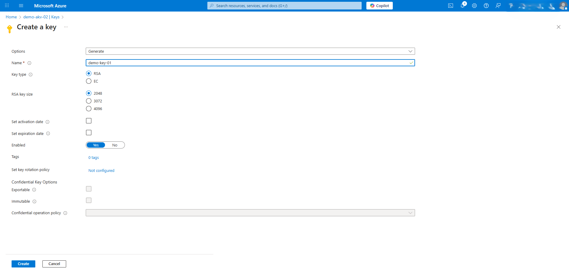 This screenshot shows how to create a key vault.