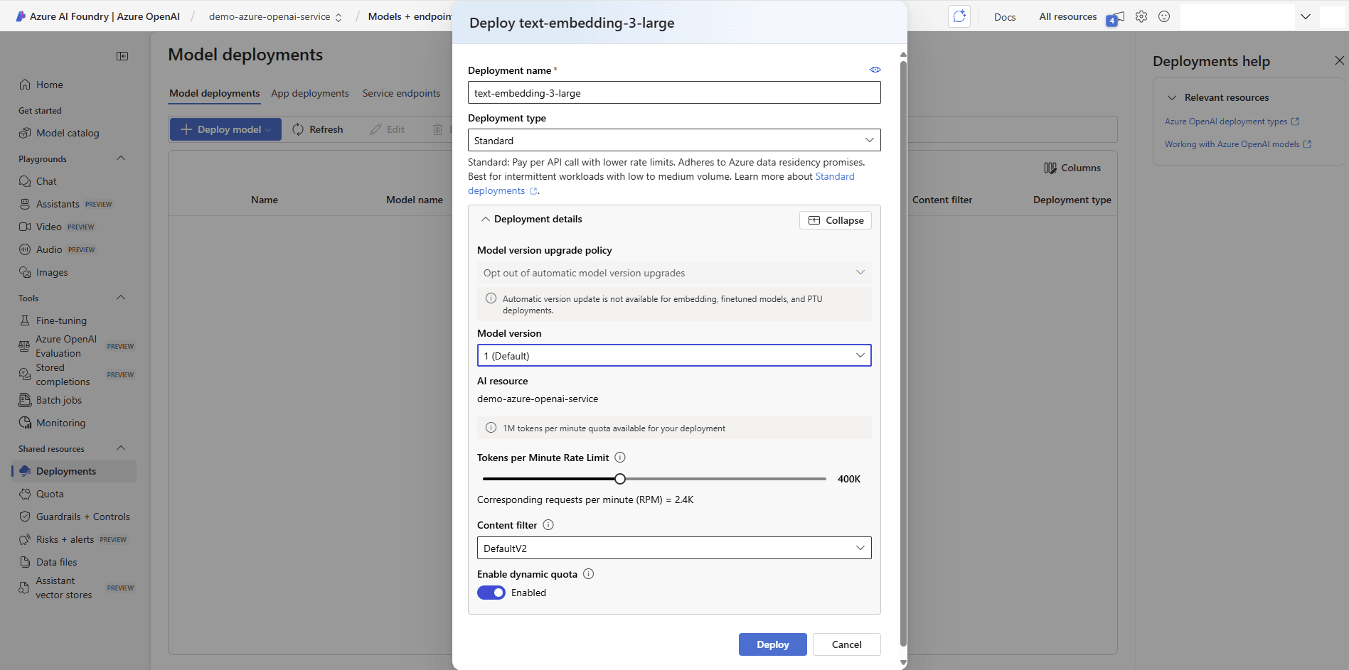 This screenshot shows how to create a deployment.