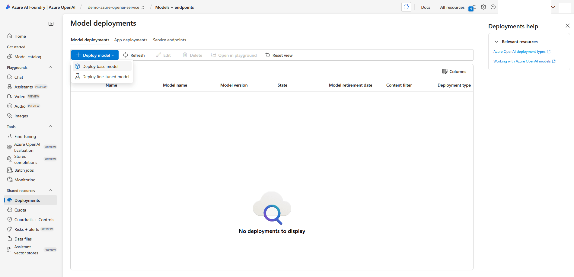 This screenshot shows how to create a deployment.