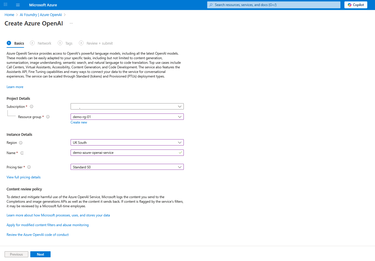 This screenshot shows how to create Azure OpenAI.