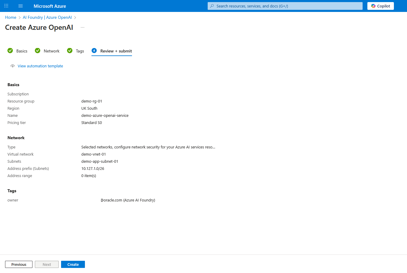 This screenshot shows how to create Azure OpenAI.