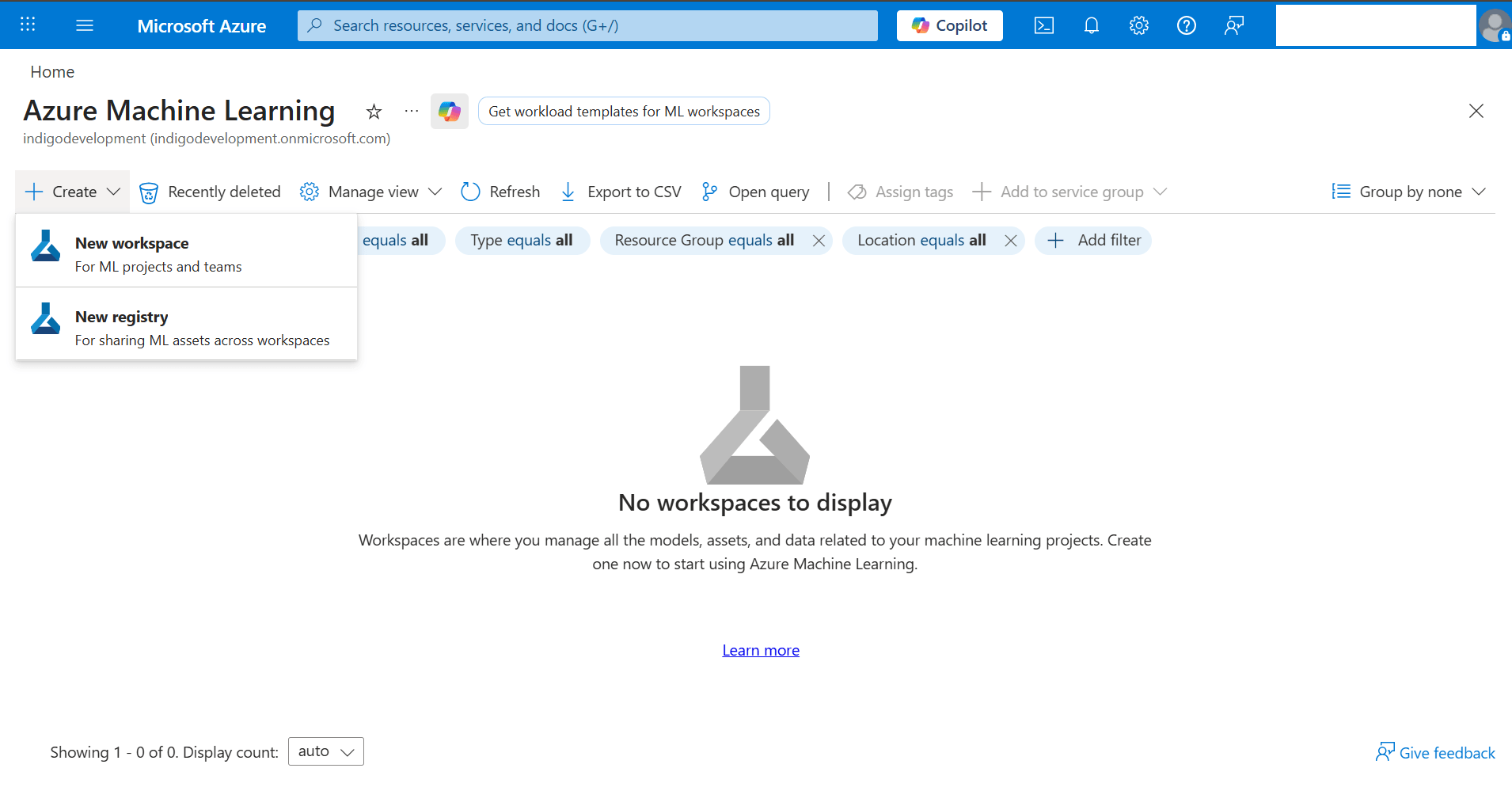 This screenshot shows how to a machine learning workspace.