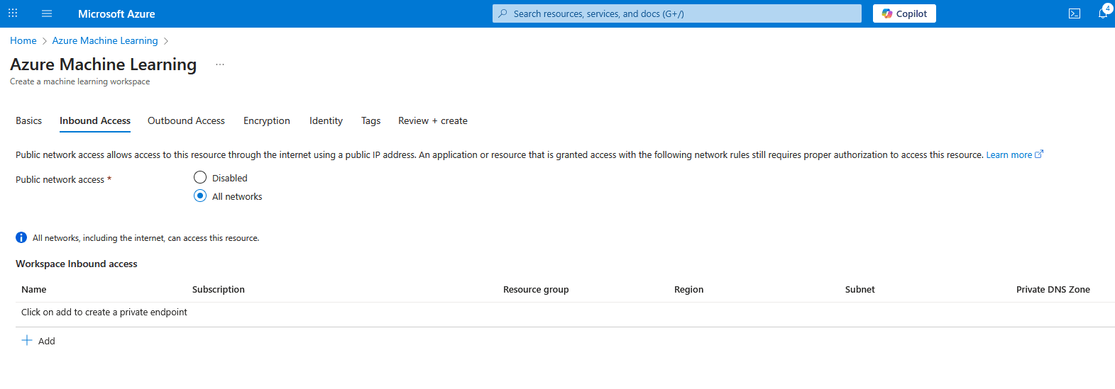 This screenshot shows how to a machine learning workspace.