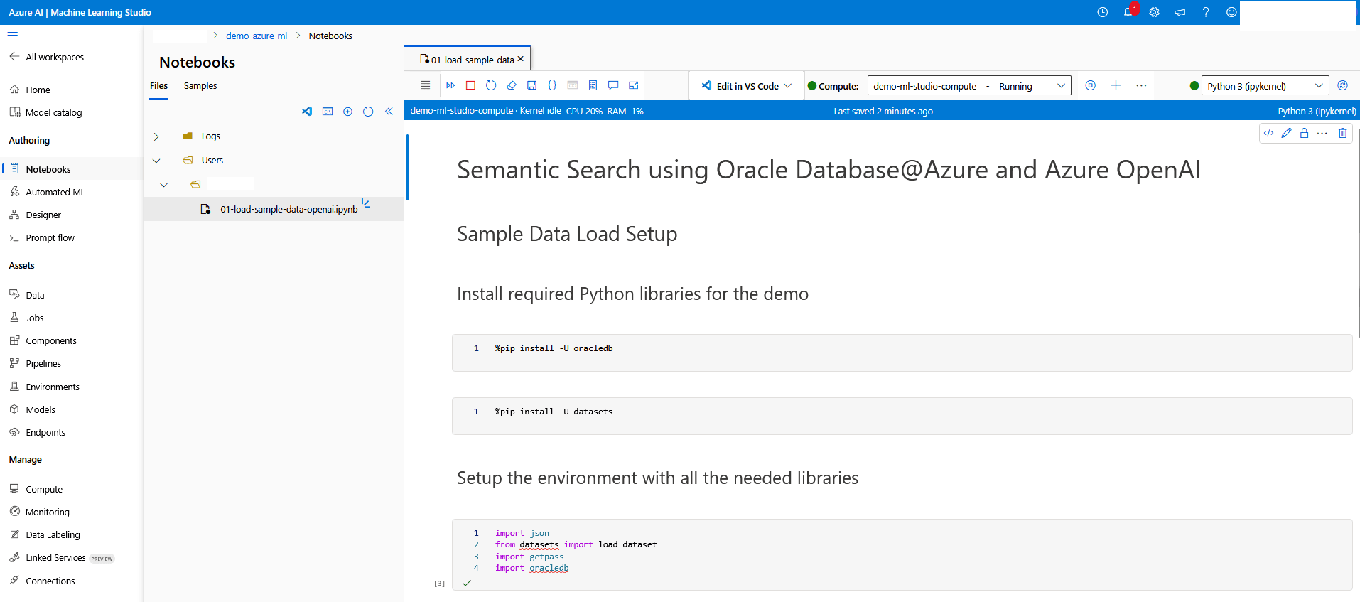 This screenshot shows how to create a notebook in Azure Machine Learning.