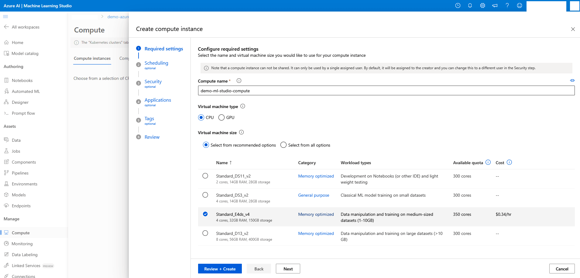 This screenshot shows how to create compute instance.