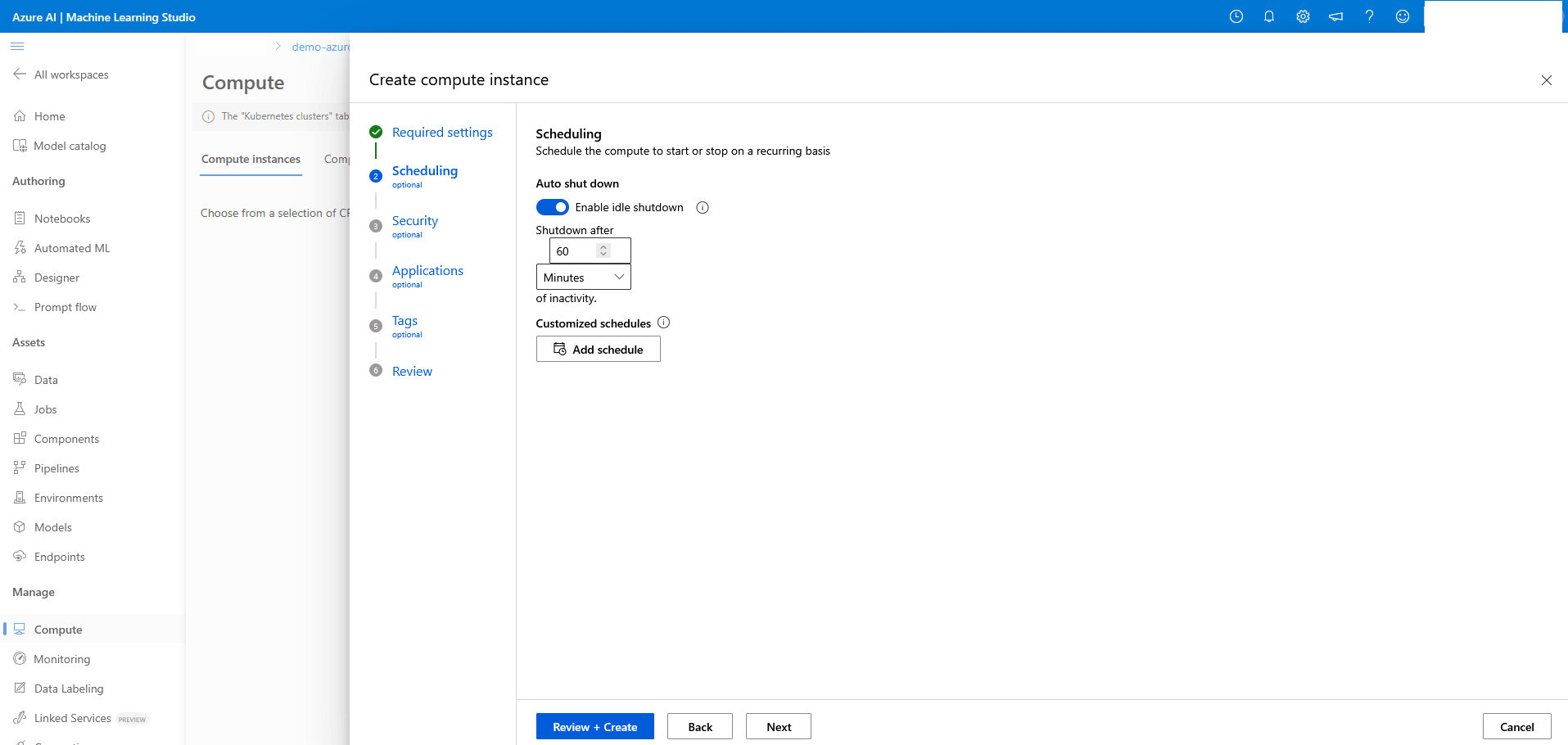 This screenshot shows how to create compute instance.
