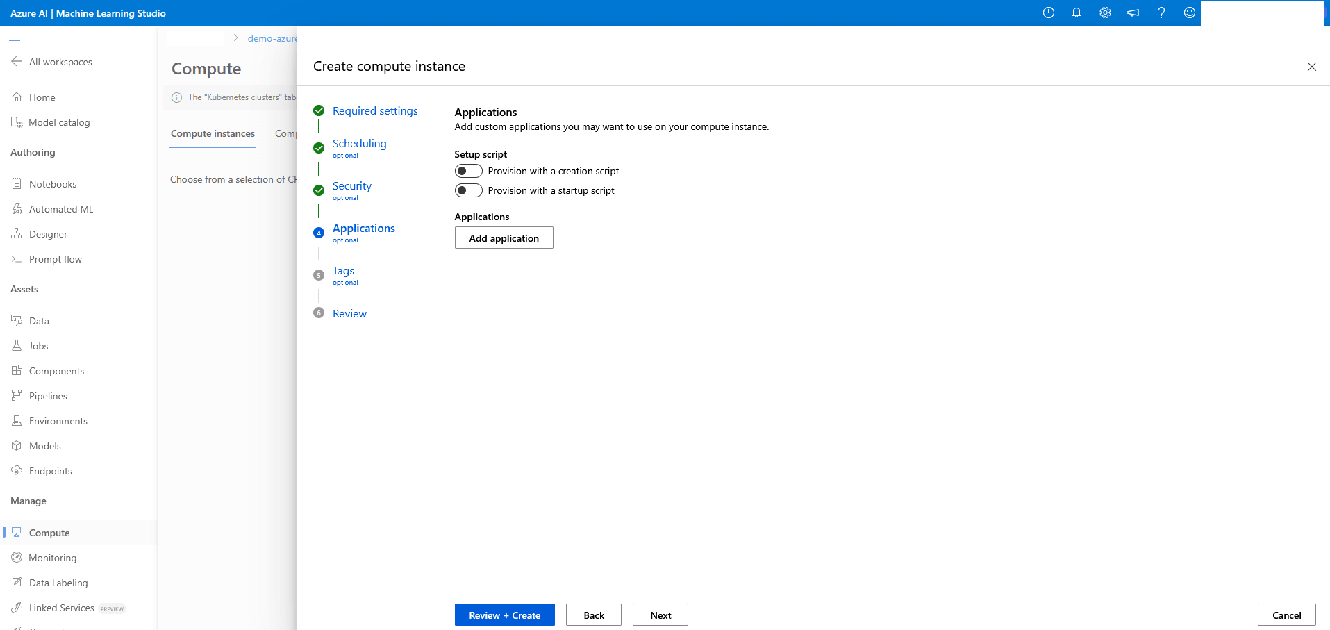 This screenshot shows how to create compute instance.