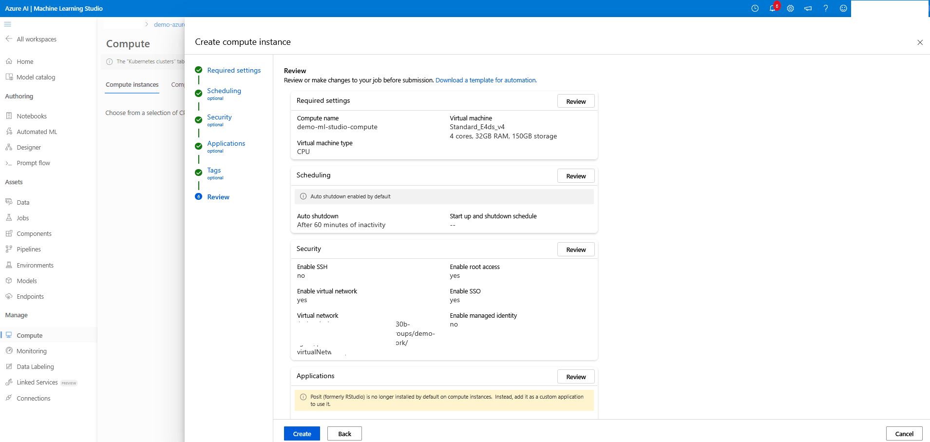 This screenshot shows how to create compute instance.