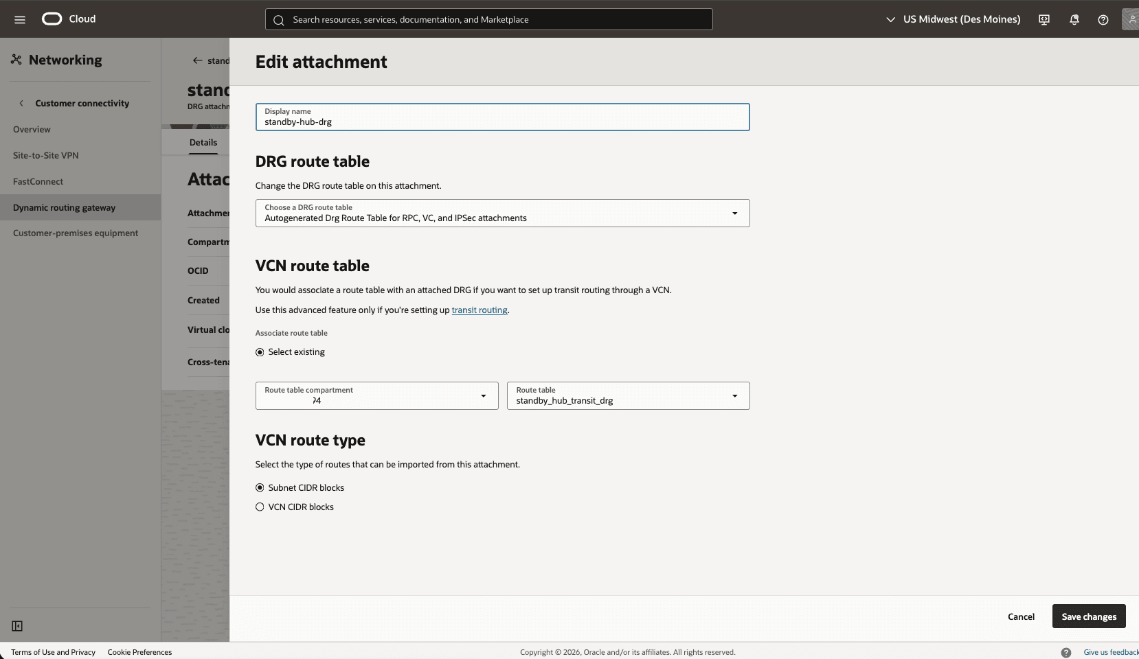 This screenshot shows how to configure the network in the standby region.