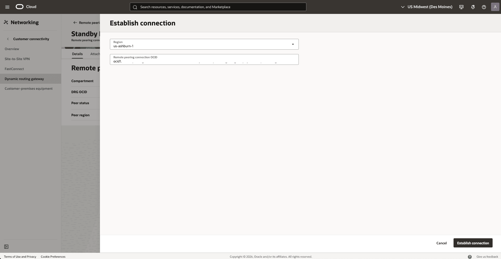 This screenshot shows how to configure the network in the standby region.