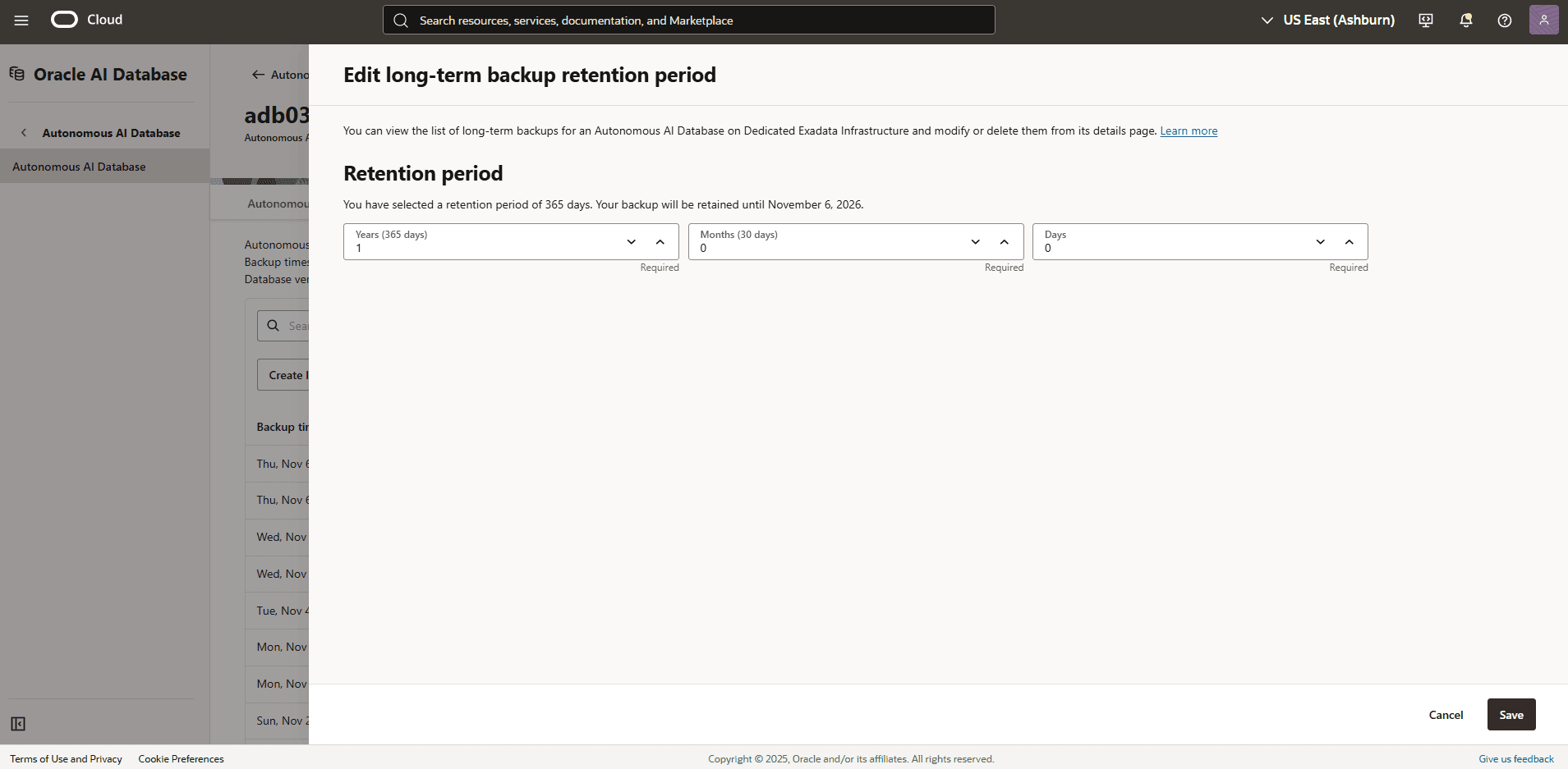 A screenshot of the process to modify the retention period of the long-term backup of an Autonomous AI Database