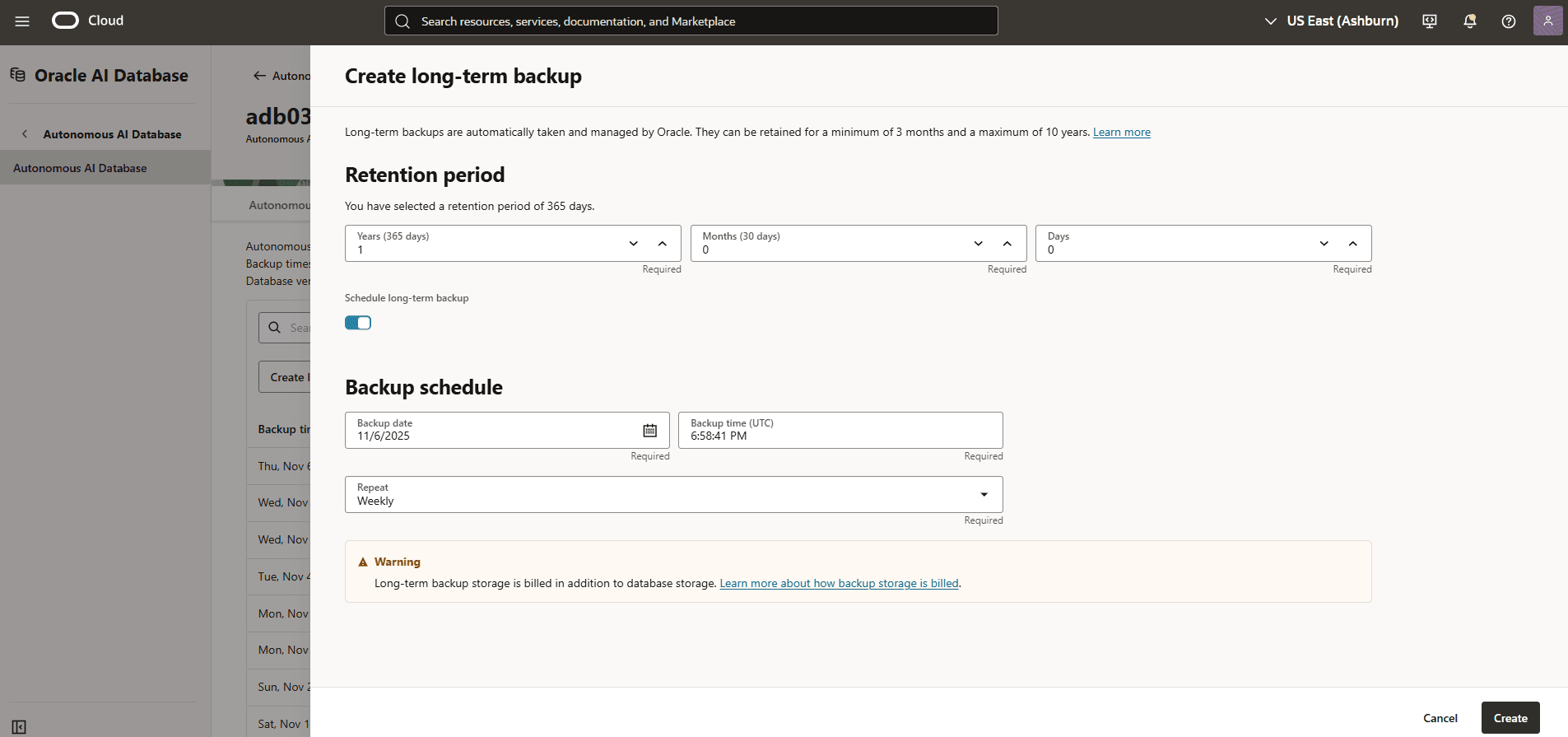 A screenshot of the process to create a long-term backup for an Autonomous AI Database