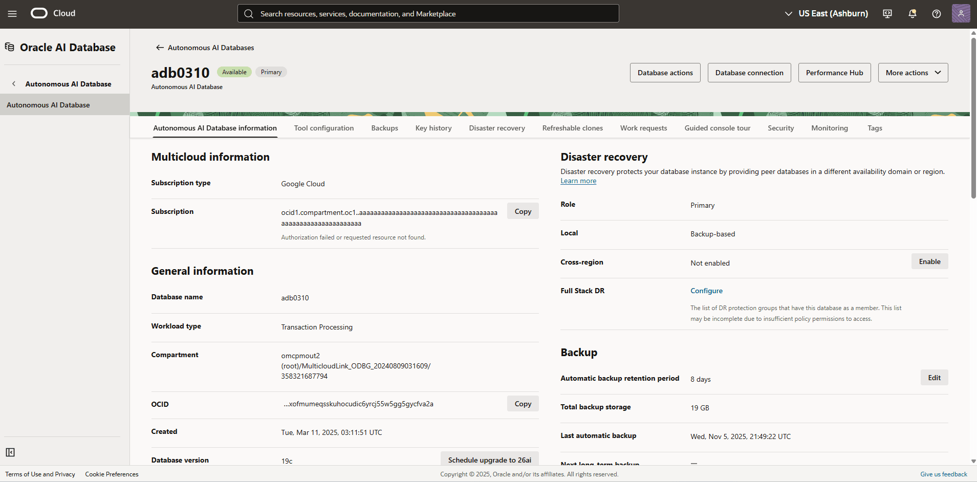 A screenshot of the process to modify the retention period of the automatic backup of an Autonomous AI Database