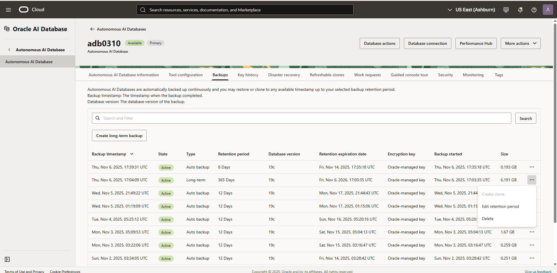 A screenshot of the process to modify the retention period of the long-term backup of an Autonomous AI Database